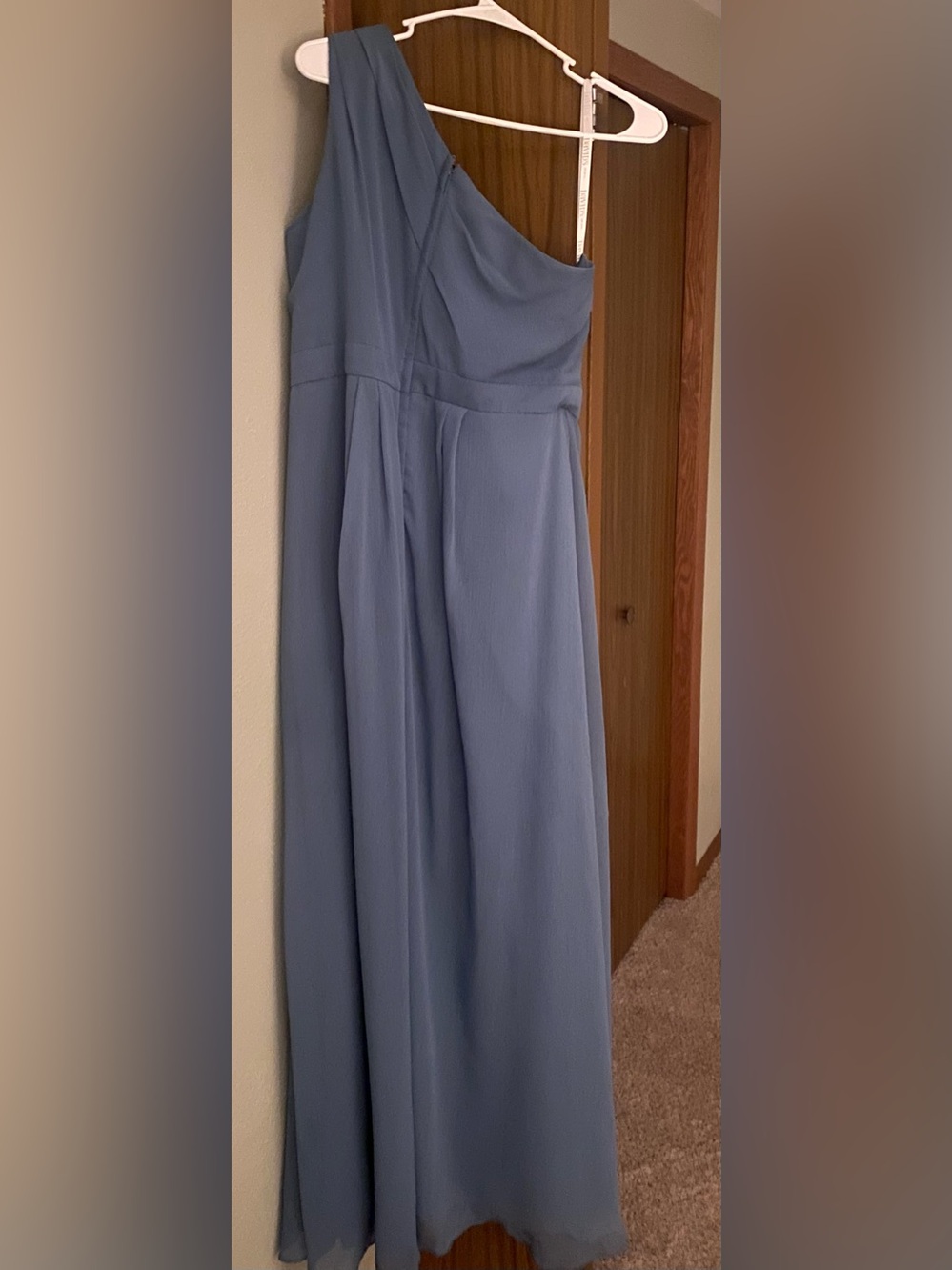 David’s Bridal Steel Blue Chiffon One Shoulder Bridesmaid Dress - Picture 3 of 5
